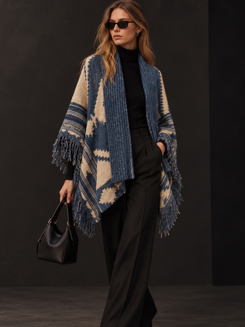 Lauren Ralph Lauren Southwestern Aztec Fringe Poncho XS Blue